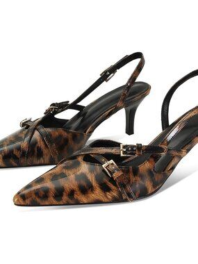 Women's Pl-leopard Slingback Pointed Toe Stiletto Heels Shoes Buckled Straps